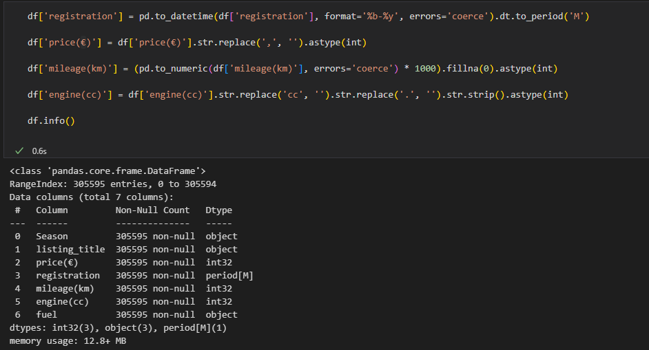 Jupyter notebook — fixing data types for price, mileage, and engine columns